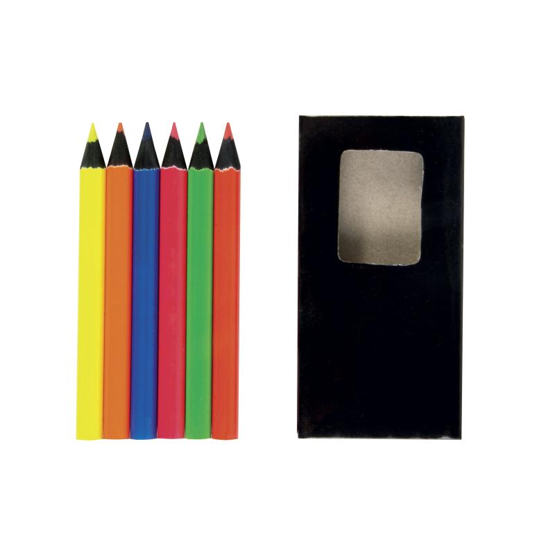 Set de 6 lápices de madera cilíndricos de colores fluorescentes , en caja de cartón
