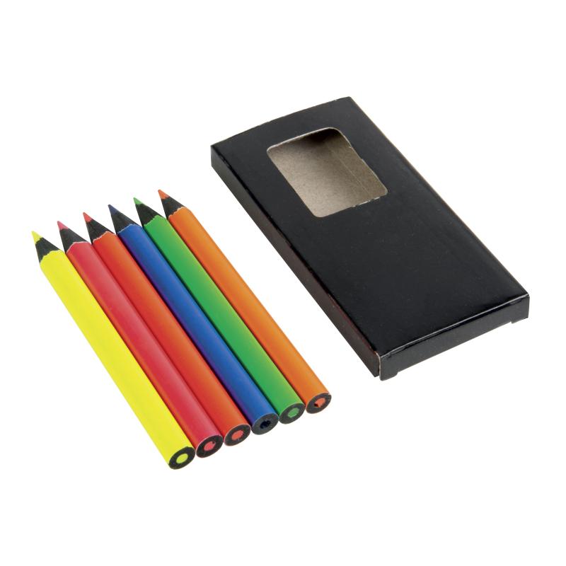 Set de 6 lápices de madera cilíndricos de colores fluorescentes , en caja de cartón