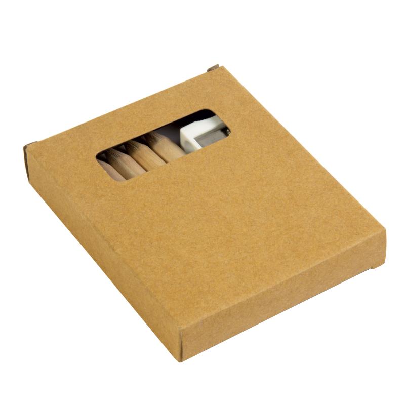 Set compuesto por 6 lápices de madera de colores, sacapuntas de plástico y cuaderno