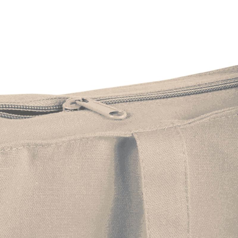 Bolsa de algodón 250 gr/m&sup2; con fuelle, asas de 65 x 3 cm y cierre cremallera. Medidas 38 x