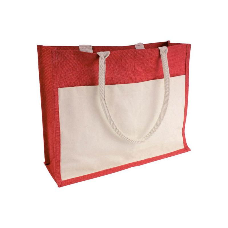 Bolsa de yute con interior de PVC, fuelle, asas largas y bolsillo exterior