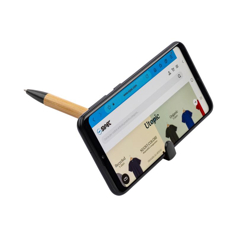 Bolígrafo giratorio de bambú y paja de trigo con soporte para teléfono móvil