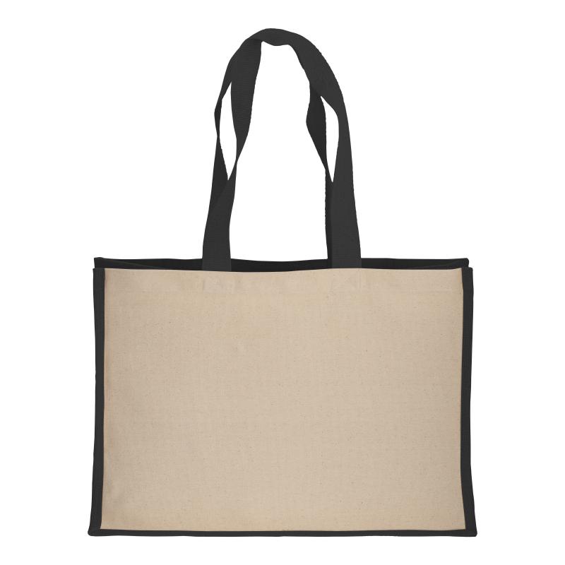 Bolsa de algodón 238 g/m2 con yute y algodón, asas largas y fuelle