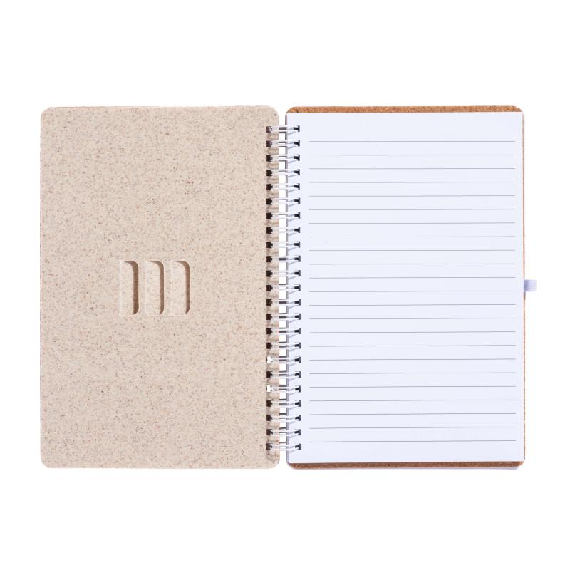 Libreta con anillas de corcho convertible en soporte para móvil