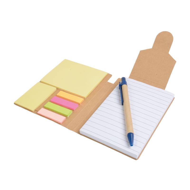 Bloqueo de papel reciclado, con bolìgrafo de papel y hojas adhesivas