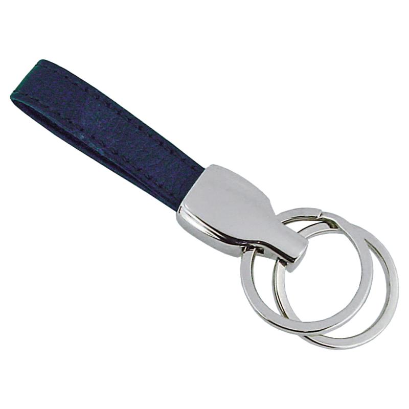 Llavero de metal con tira de polipiel.