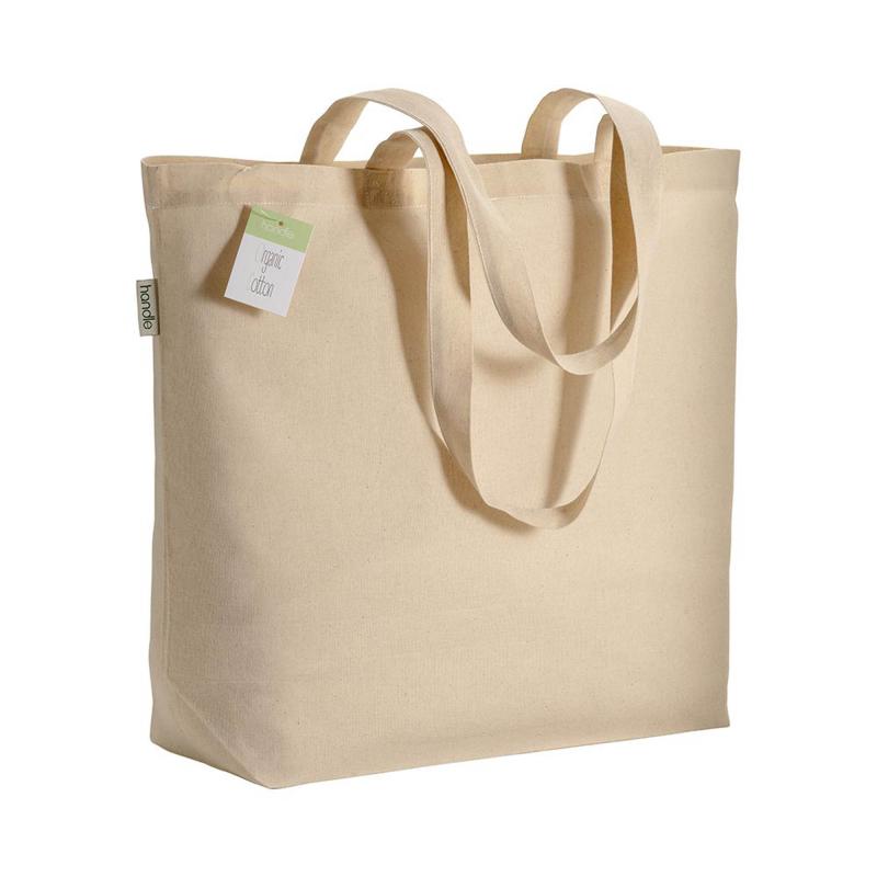 Organic cotton shopping bag, long handles and buttom gusset