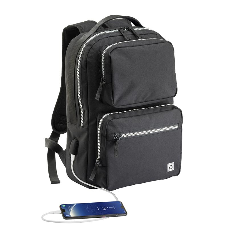 Mochila para portátil R-pet con toma USB. Compartimento acolchado para el portátil