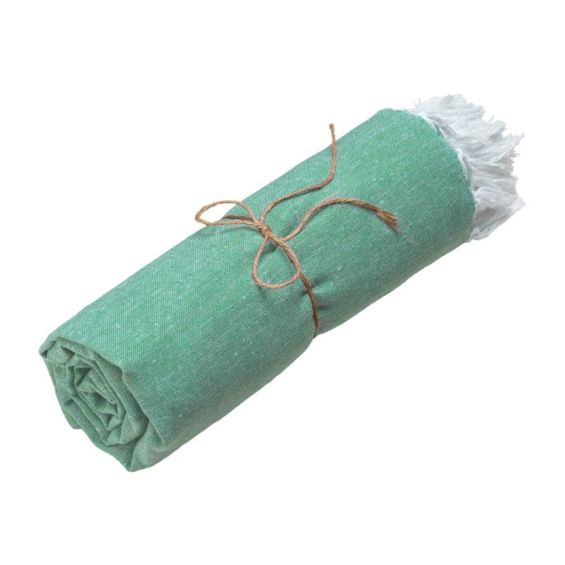 Toalla de playa de algodon reciclado 150 g/m2. Efecto melange y flecos