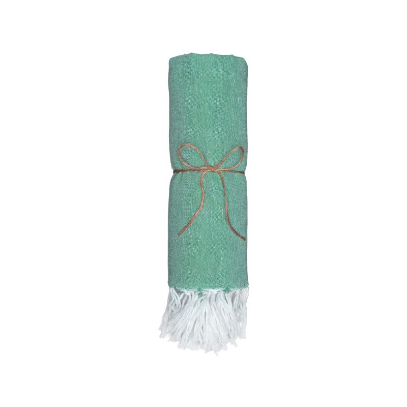 Toalla de playa de algodon reciclado 150 g/m2. Efecto melange y flecos