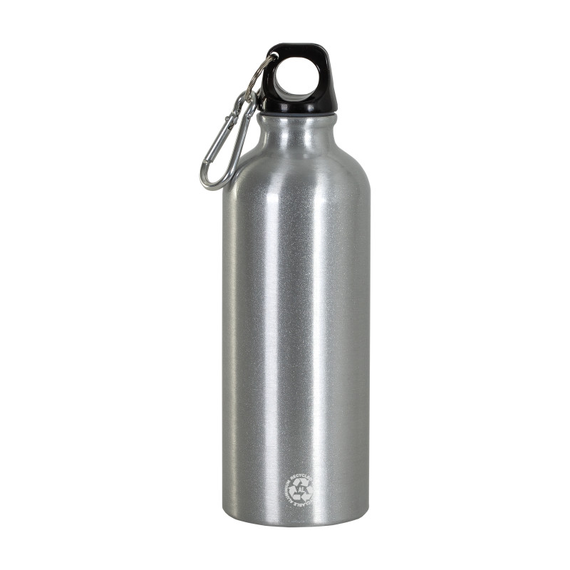 Botella de aluminio reciclado (500 ml), con tapón de plástico y mosquetón