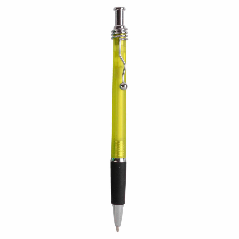 Bolígrafo de plástico con antideslizante de caucho y clip de metal. Escritura azul o negra.