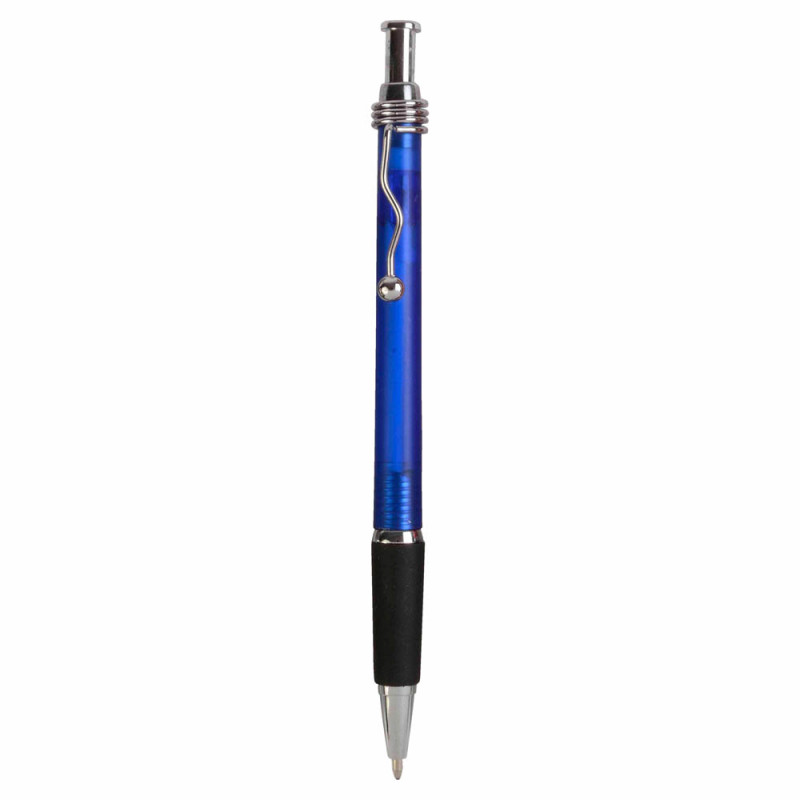 Bolígrafo de plástico con antideslizante de caucho y clip de metal. Escritura azul o negra.