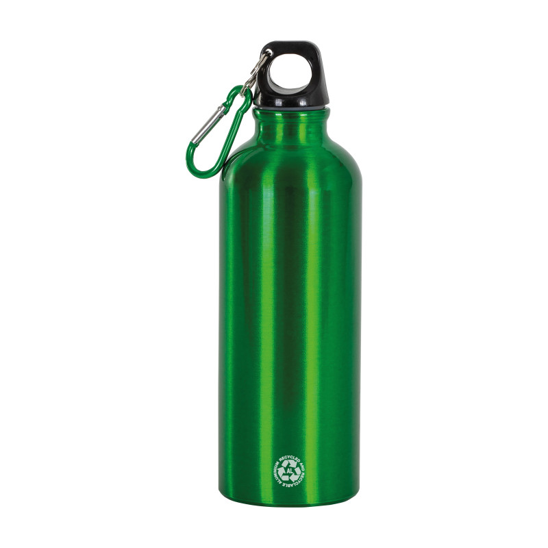 Botella de aluminio reciclado (500 ml), con tapón de plástico y mosquetón